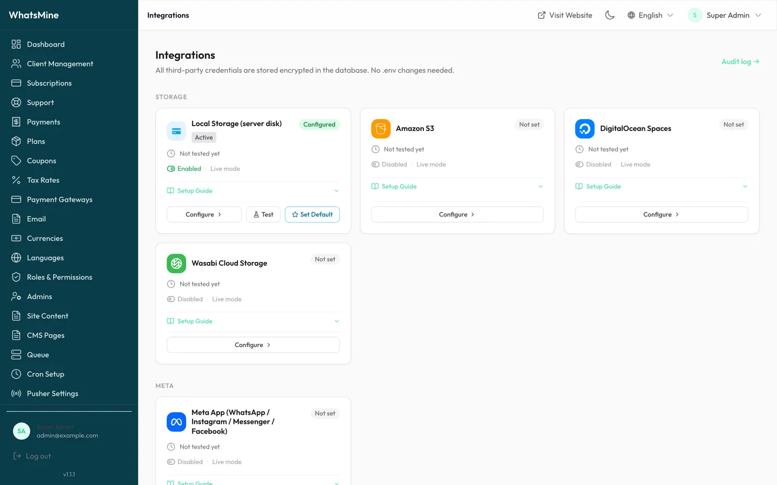 The Integrations hub with every provider grouped by category