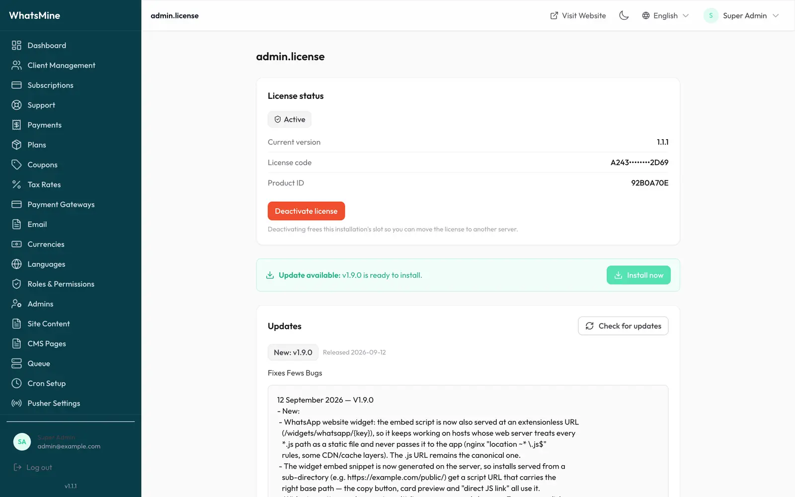 The admin License page showing activation status and the update checker
