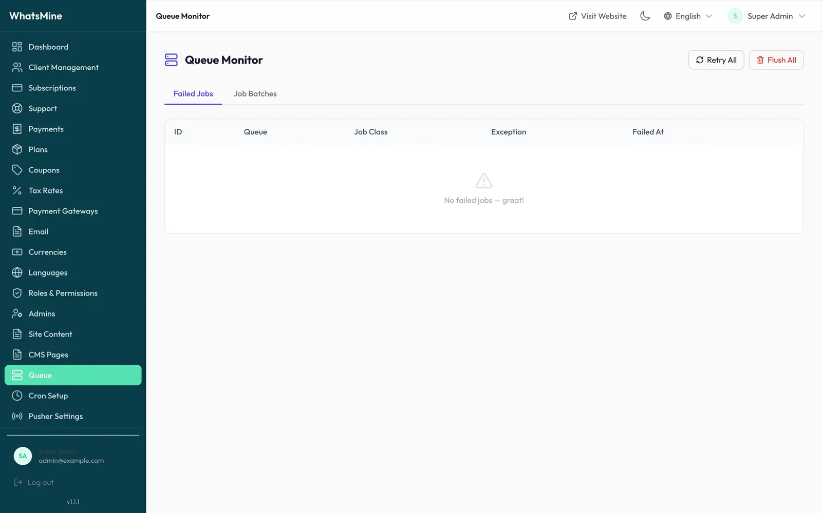 Admin → Queue shows pending batches and failed jobs