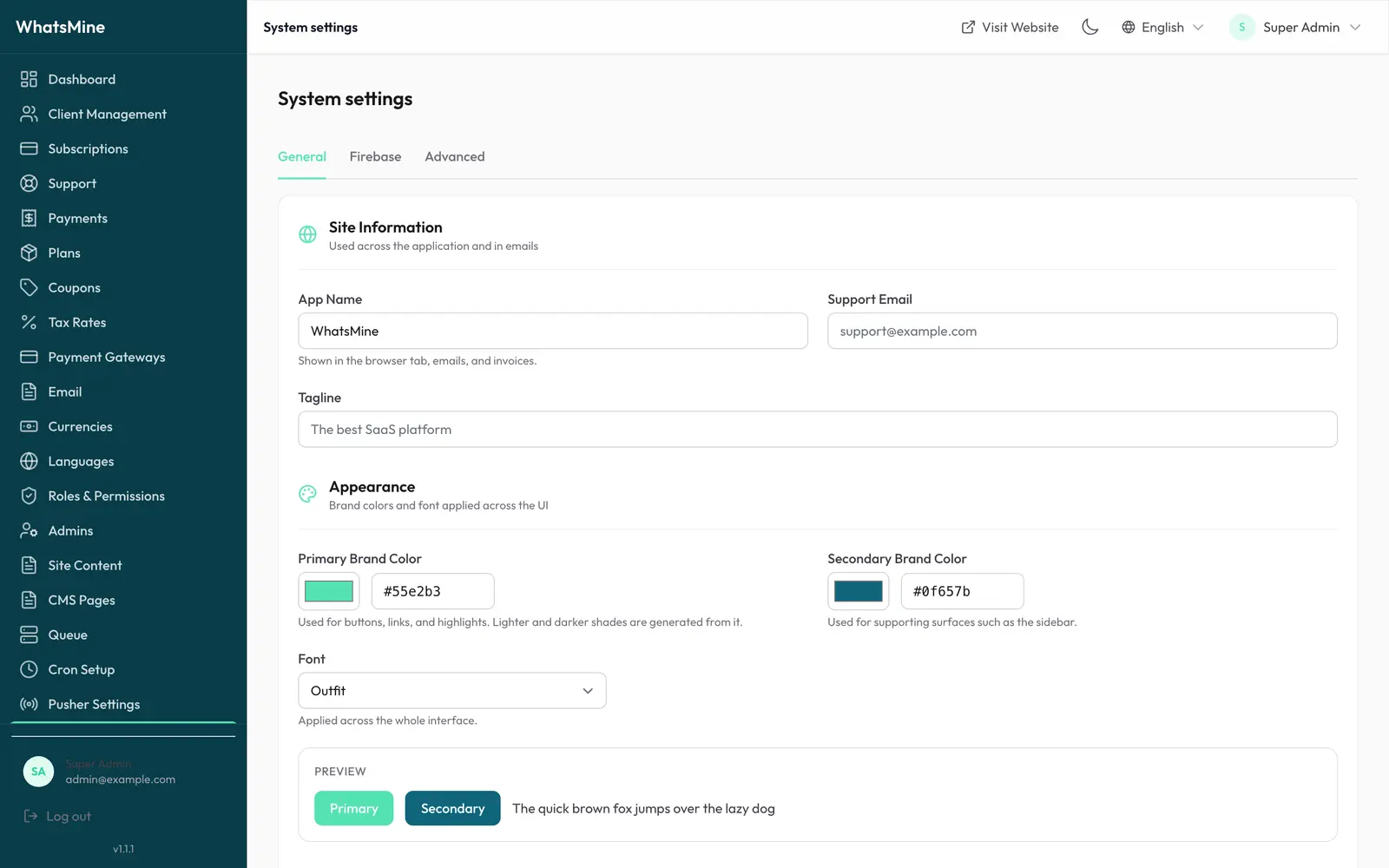 Much of the configuration is also available from Admin → Settings