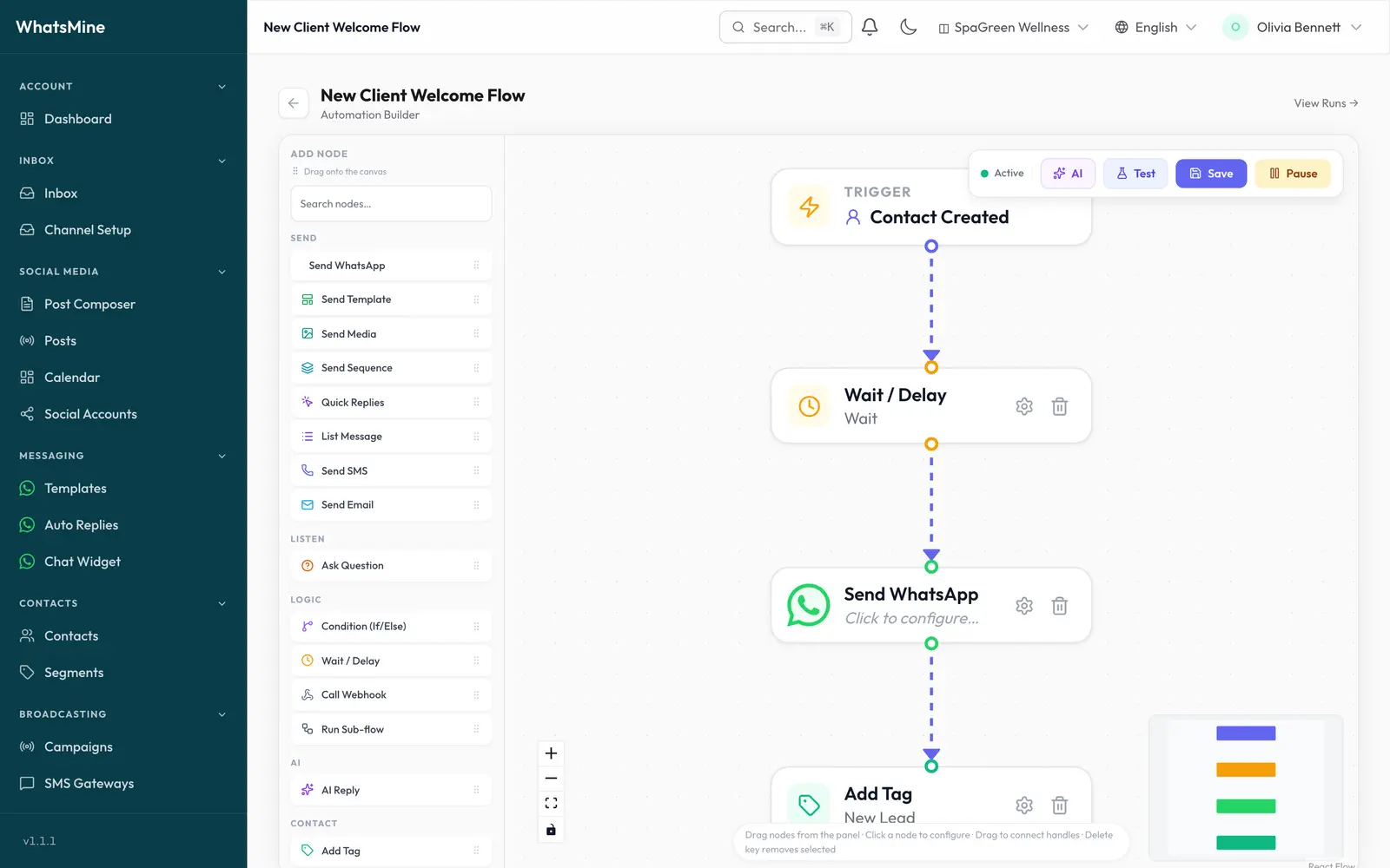 The drag-and-drop automation builder with connected nodes