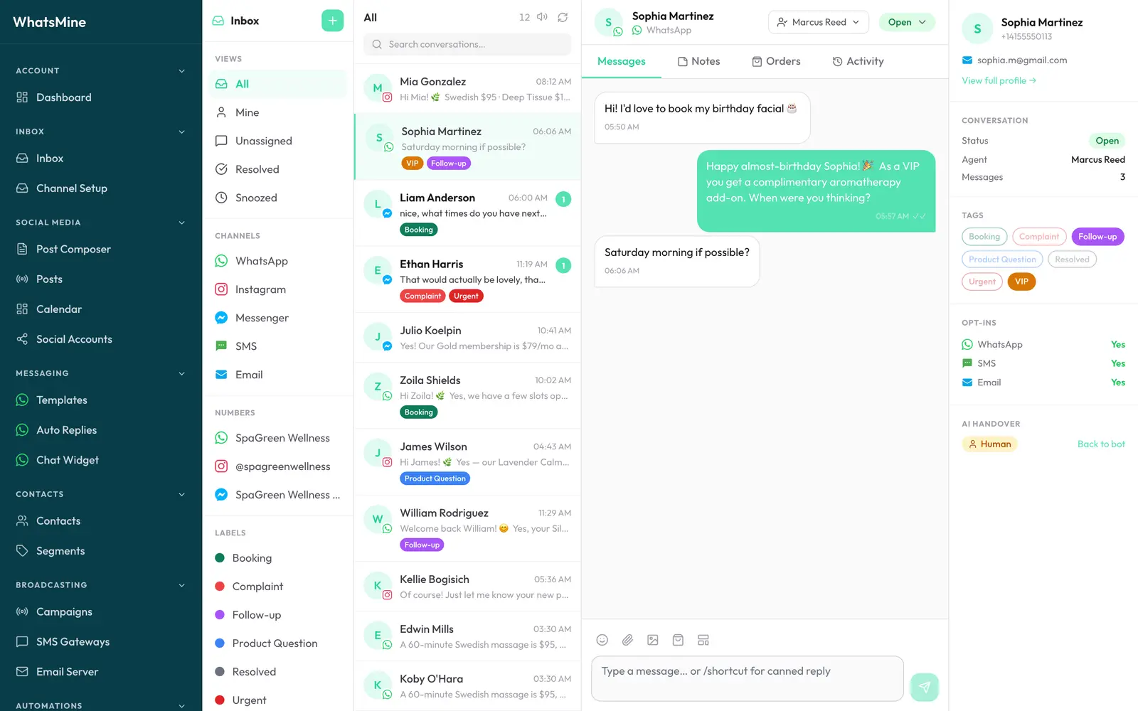 The WhatsMine unified inbox — conversation list, chat thread and contact details side by side