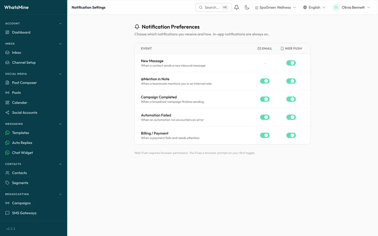 The notification preferences grid