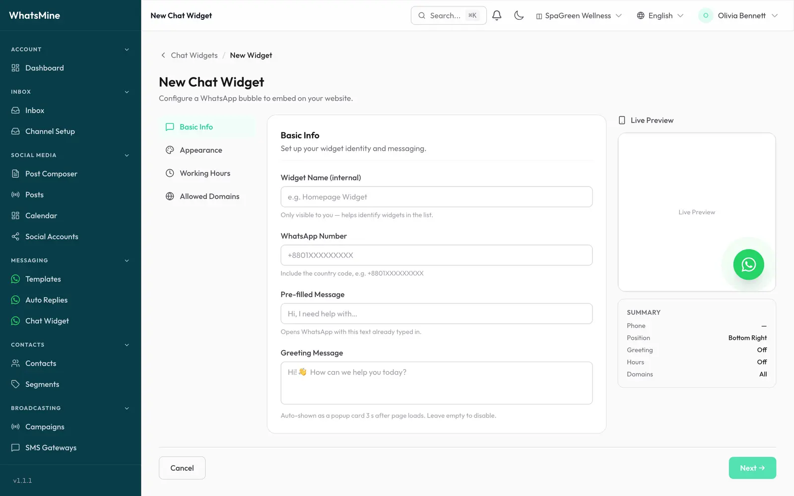The widget builder — Basic Info with the live preview