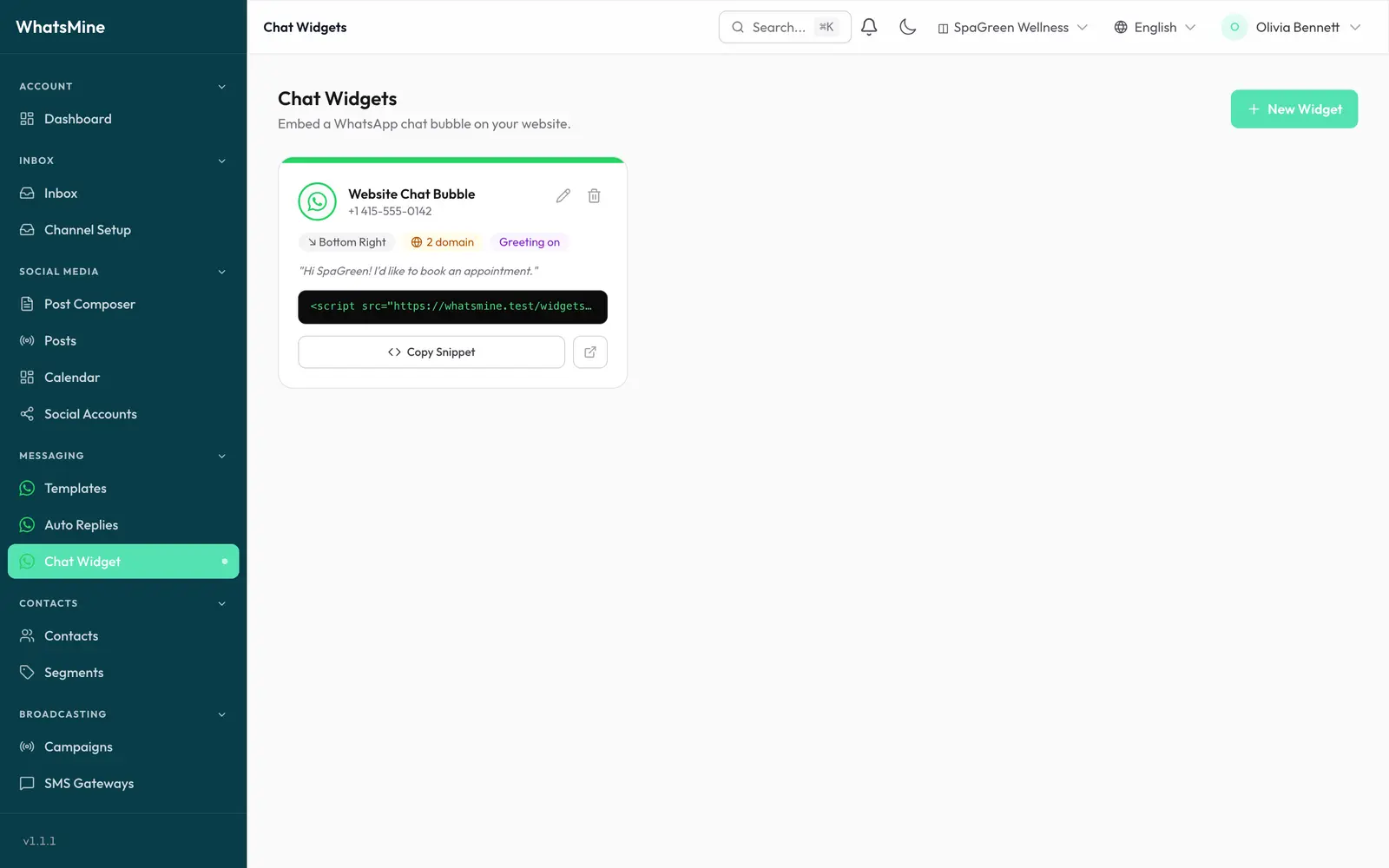 The chat widget list with embed snippets