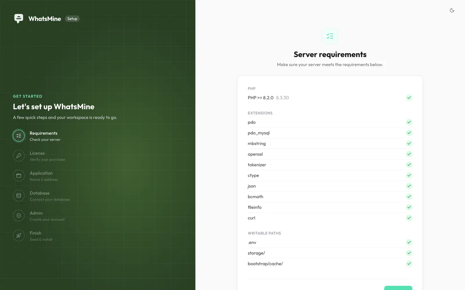 The WhatsMine setup wizard — branded sidebar with the step list on the left, the active step on the right